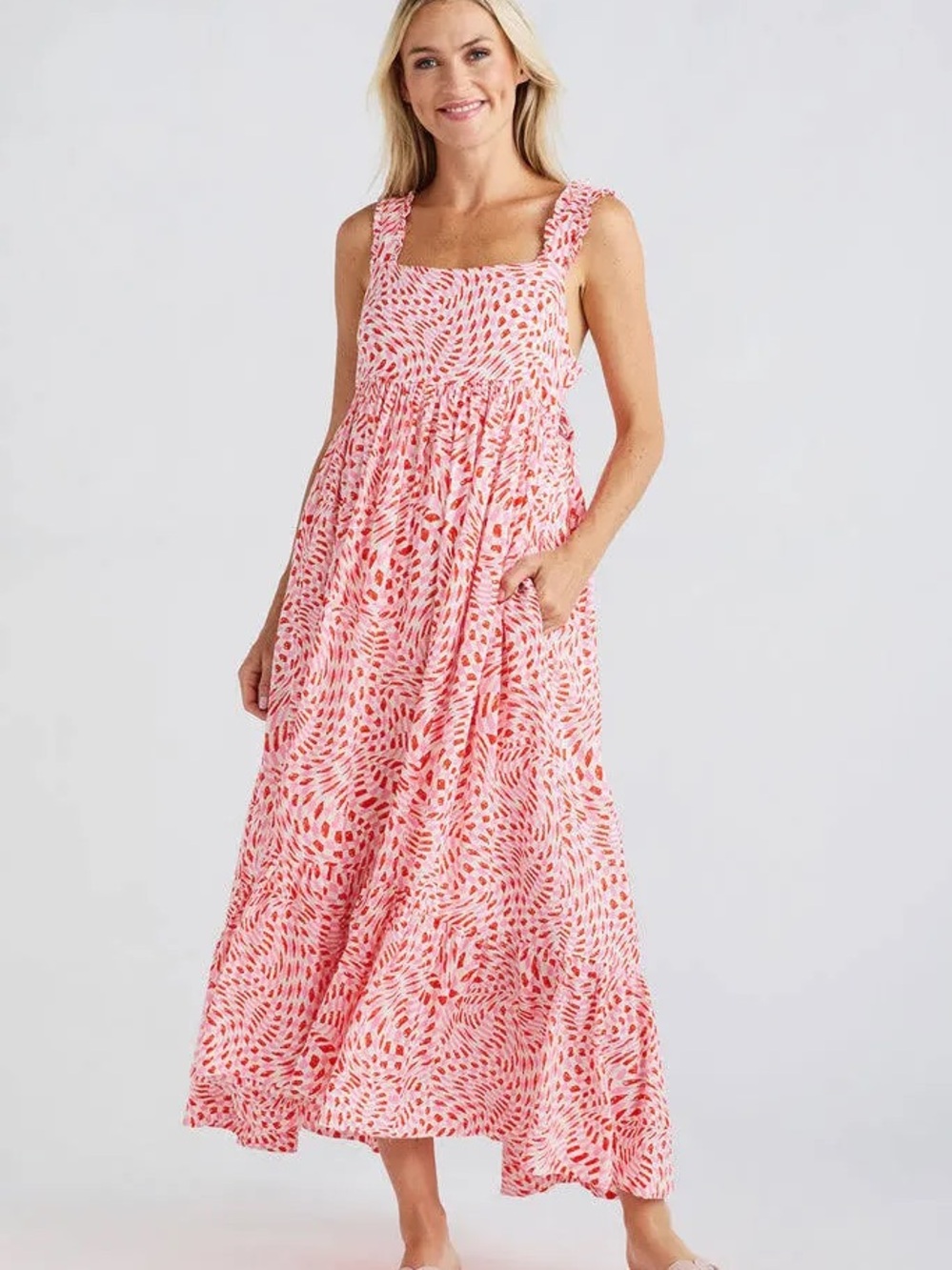 Fate Coral and White Printed Sundress